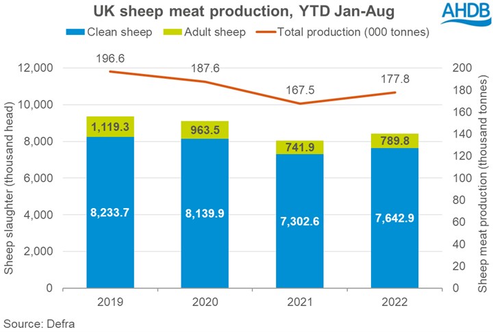 Graph showing year-to-date (Jan-Aug) UK sheep meat production and kill